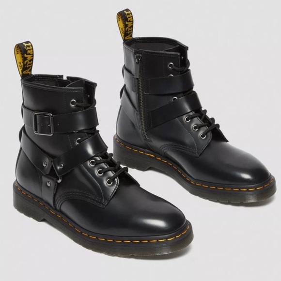 Dr. Martens Shoes - Dr Martens CRISTOFOR black LEATHER HARNESS LACE UP unisex moto BOOTS size 9 NEW